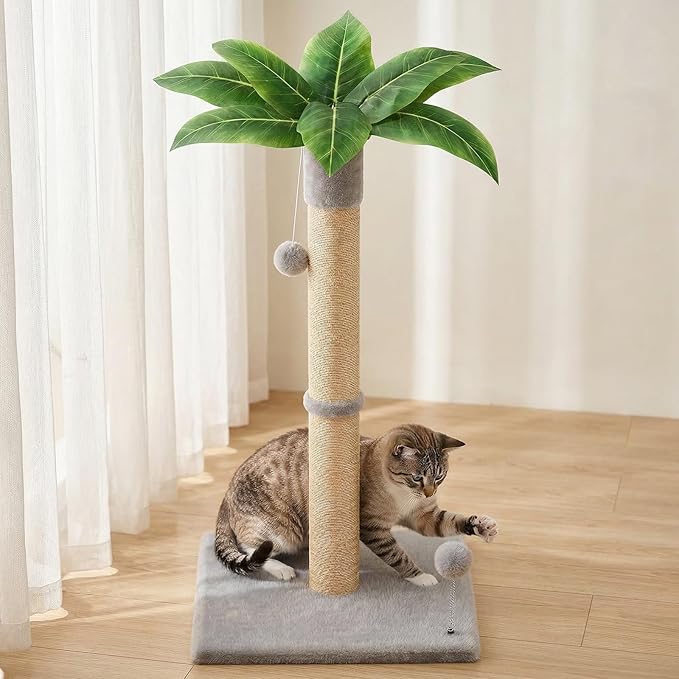 XiaZ Cat Scratching Post 34'' Tall, Heavy Duty Cat Tree Tower for Indoor Kitty with Extra Wide 15.8" Stable Base and 2 Toy Balls, Natural Sisal & Plush Fabric for Small, Medium Cats(Light Gray, 2.8in)