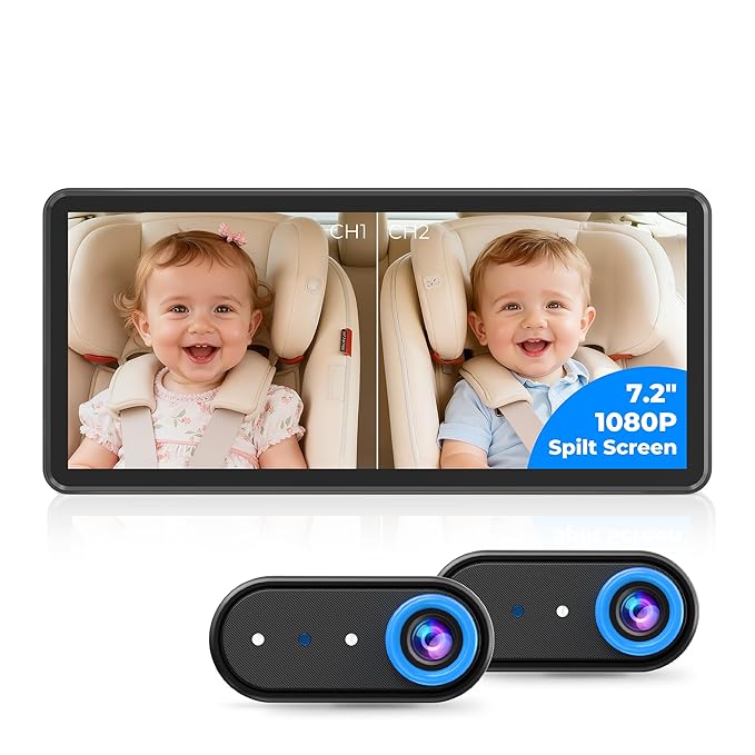 BM5PRO 7.2" 1080P HD Baby Car Camera for 2 Kids, Split Screen with IR Night Vision, Easy to Install & Adjust Brightness, Dual Car Camera Baby Monitor for Rear Seat Safety (Blue)