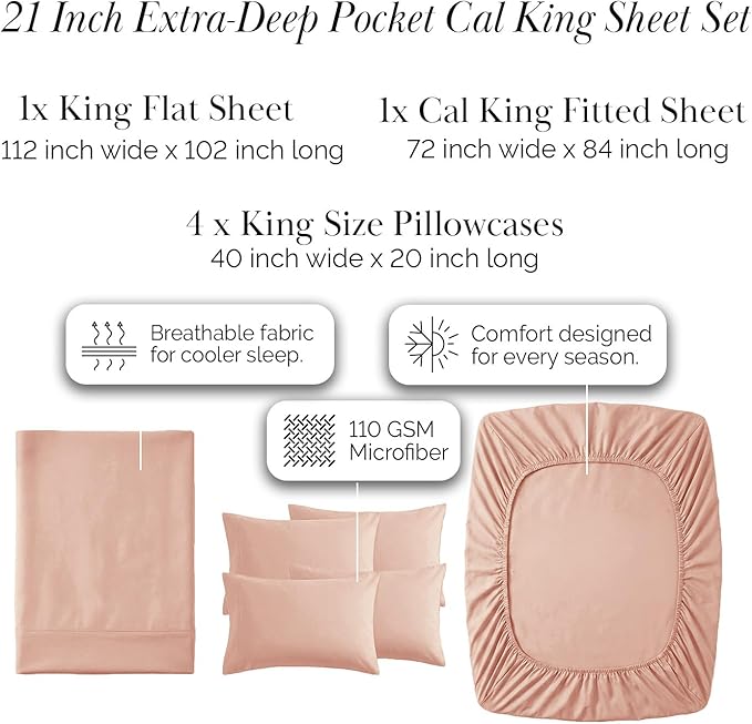 Southshore Fine Living, Inc. Extra Deep Pocket California King Sheets Set, 6-Piece Ultra-Soft Microfiber Bed Sheets with 21" Deep Pocket King Fitted Sheet, Oversized Flat Sheet, 4 Pillowcases, Blush