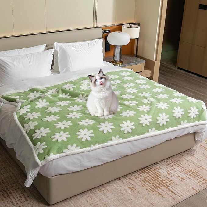Waterproof Pet Blanket,Dog Bed Covers Small Throw for Puppy Cats Stylish Jacquard Pets Couch Sofa Furniture Protection Washable Reversible Covers (Green Flower,XS)