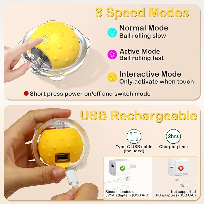 Muhhiba Interactive Cat Toys for Indoor Cats, Electric Cat Ball Fast Rolling in Pouch, Motion Activated Chirping Cat Toy, Hide and Seek Cat Toy with LED Light