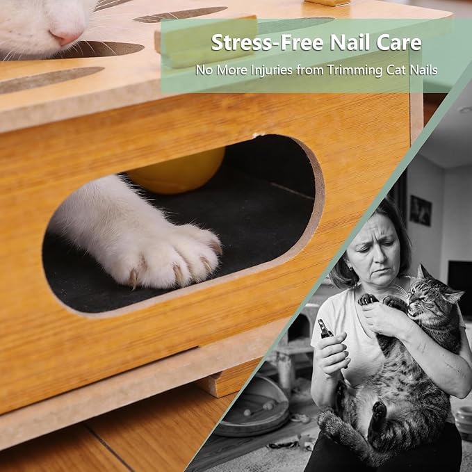 MDF Cat Nail File Enrichment Box, Scratch Puzzle with Sandpaper Surface, Stress-Free Nail Care Alternative, Interactive Maze Scratcher with Bell Ball for Indoor Cats