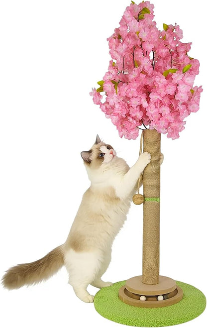 Cherry Blossom Cat Scratching Post, 36" Tall Natural Sisal Sturdy Base Tower with Interactive Trackball Toy for Indoor Kittens & Large Felines, Japanese Aesthetic Floral Furniture Decor