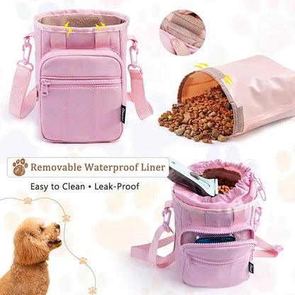 Stylish Dog Training Treat Pouch with Waist & Shoulder Strap, Dog Treat Bag for Walking and Training, Removable Waterproof Liner, Drawstring Treat Holder with Front Pocket & Clicker