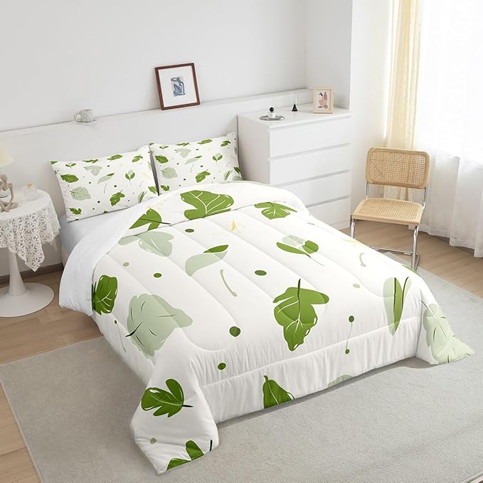 Erosebridal Green Leaf King Comforter Set White and Green Bedding Set King Botanical Theme Duvet Insert,Graffiti Cartoon Quilted Comforter Adults Men Women Microfiber Bedroom Décor 3 Piece
