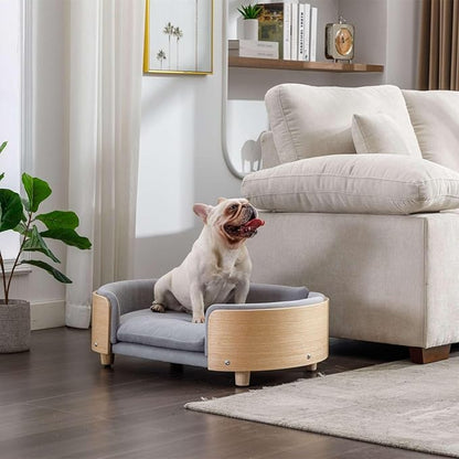 Velvet Dog Bed Pet Sofa with Solid Wood Legs and Bent Wood Back, Stain-Resistant Cushion in Multiple Colors - Luxury Pet Furniture for Cats and Dogs, Light Grey