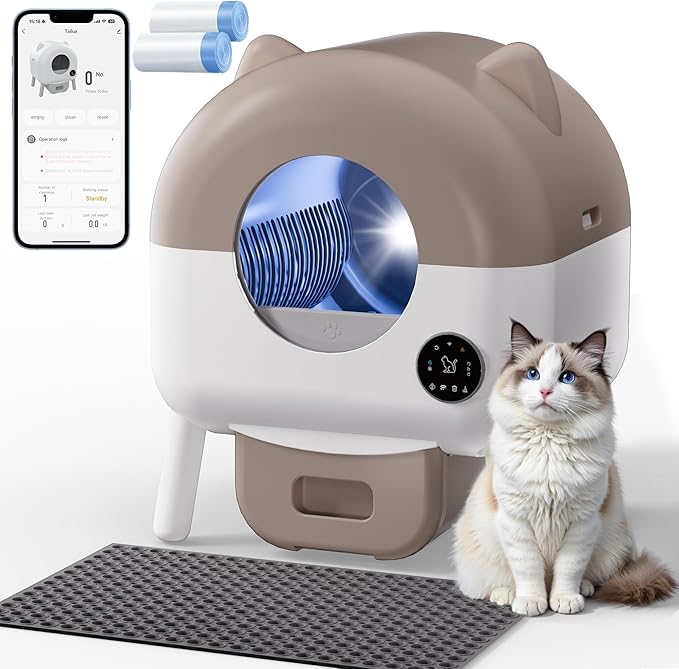 Self Cleaning Automatic Cat Litter Box with APP Control – Large Capacity Design for Multiple Cats, Includes Litter Mat & 2 Rolls Trash Bags, Odor-Free & Safety Sensors, Removable Washable Liner,Brown