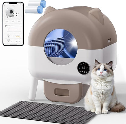 Self Cleaning Automatic Cat Litter Box with APP Control – Large Capacity Design for Multiple Cats, Includes Litter Mat & 2 Rolls Trash Bags, Odor-Free & Safety Sensors, Removable Washable Liner,Brown