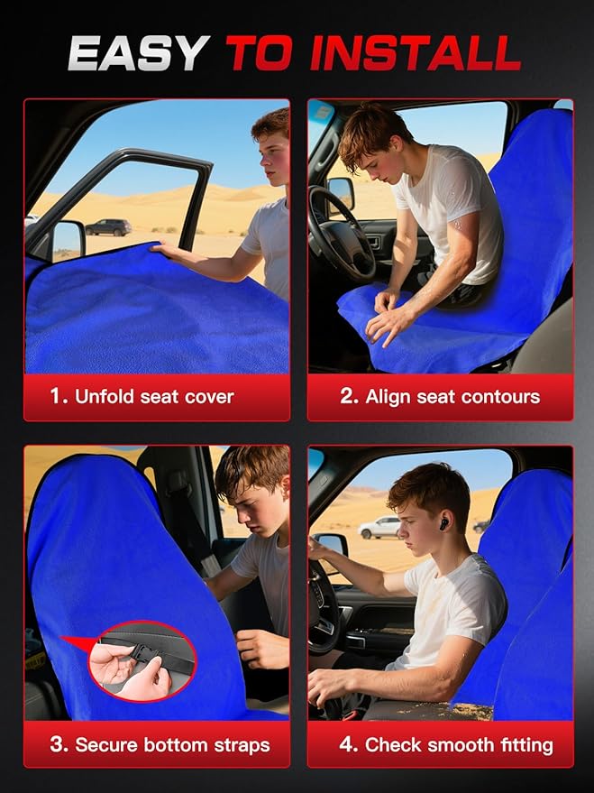 550g Heavy Duty Towel Car Seat Cover, Waterproof Sweat Protector for Post-Gym & Beach, Non-Slip Microfiber Bucket Seat Mat for Sedans SUV Minivans, Machine Washable (Blue, 1-Pack)