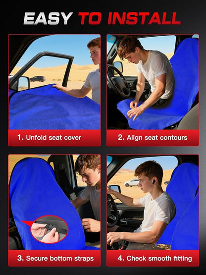 550g Heavy Duty Towel Car Seat Cover, Waterproof Sweat Protector for Post-Gym & Beach, Non-Slip Microfiber Bucket Seat Mat for Sedans SUV Minivans, Machine Washable (Blue, 1-Pack)
