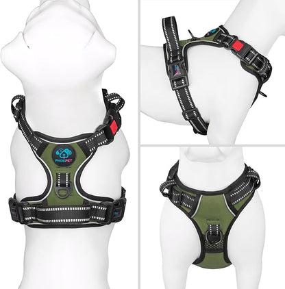 PHOEPET No Pull Dog Harness with Handle Front & Back Clip, Easy on Lockable Snap Buckle at Neck, Adjustable Reflective Vest with Handle for Small Medium Large Dogs (S, Misty Green)