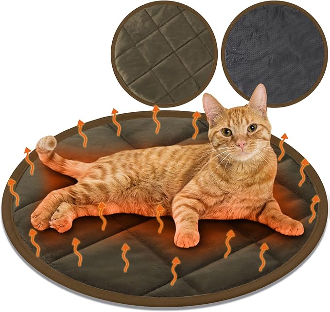 Drydiet 2 Pcs Self Warming Cat Mat Round Self Heating Pad Bed Reversible Machine Washable Heated Bed Anti Slip Warming Pad Pet Mat for Cat Crate Indoor Outdoor(Coffee,16 Inch)