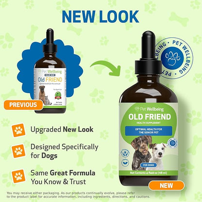Pet Wellbeing Old Friend for Senior Dogs & Cats- Supports Immune System Health, Joint Mobility, Healthy Energy Levels, Alfalfa, Reishi - Veterinarian-Formulated Herbal Supplement 4 oz (118 ml)