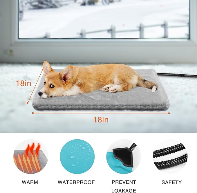 Dog Heating Pad Outdoor for Heated Dog Bed, Pet Heating Pad with Soft Cover,Chew Resistant Cord, Safe for Pregnant New Born Stray Feral Puppy Grey 18 * 18