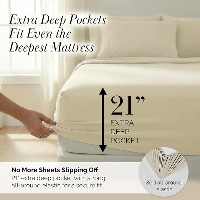 Southshore Fine Living, Inc. 6-Piece Cal King Sheet Set, 21-Inch California King Sheets Deep Pocket, Fitted and Flat Sheet Set, Microfiber Bedding, Cream Pillow Cases Set of 4, Cream Sheets