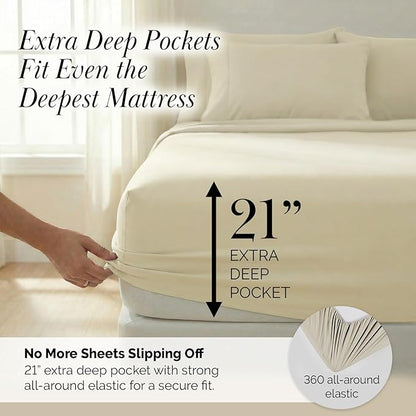 Southshore Fine Living, Inc. 6-Piece Full Sheet Set, 21-Inch Extra Deep Pocket Sheets Full Size Bed, Fitted and Flat Sheet Set, Microfiber Bedding, Cream Pillow Cases Standard Size, Cream Sheets