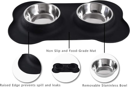 Hubulk Pet Dog Bowls 2 Stainless Steel Dog Bowl with No Spill Non-Skid Silicone Mat + Pet Food Scoop Water and Food Feeder Bowls for Feeding Small Medium Large Dogs Cats Puppies (M, Black)