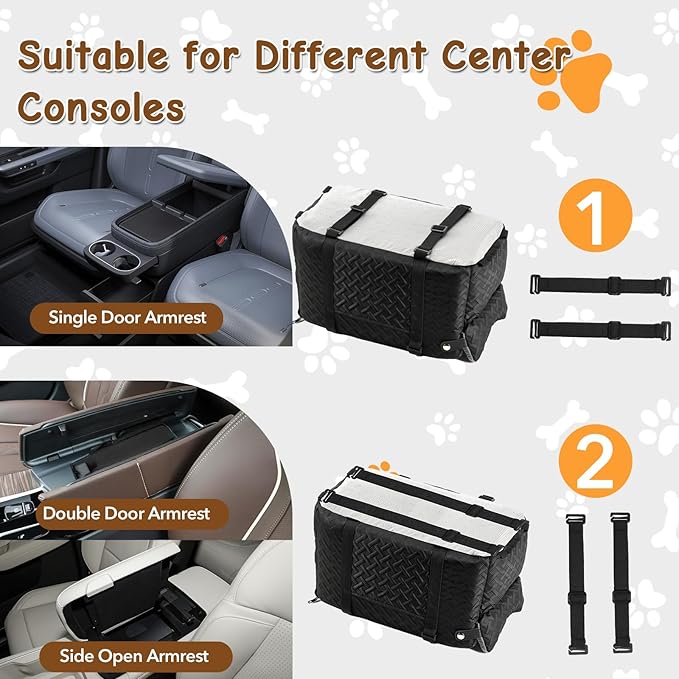 Center Console Dog Car Seat for Small Dogs,Washable Foldable Console Booster Seat for Puppy Car Seat with Safe Protection Hooks Adjustable Straps and Storage Pocket Pet