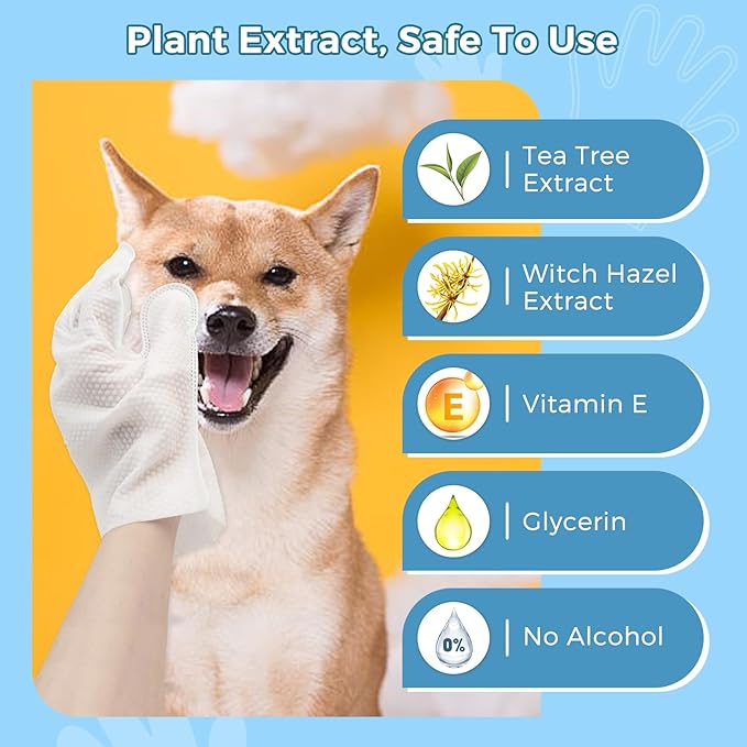 Vannon Portable Pet Bathing Wipes for Dogs & Cats, Cleaning & Odor-Controlling Extra Thick Grooming Glove Wipes for Daily Care and Traveling, Rinse Free, Nourish Fur, Individually Packaged, 15 PCS