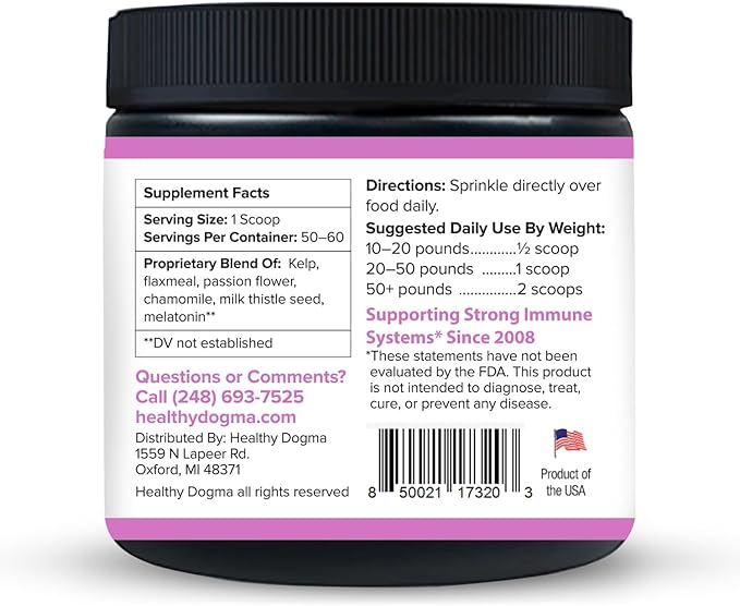 Healthy Dogma - Peaceful Pooch | Powder Calming Supplement for Dogs Dealing with Anxiety, Separation Stress, Noise, Thunder and Barking (6 Oz)