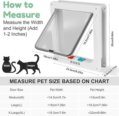 Cat Door- 4-Way Locking Option, Weatherproof & Secure Cat Flap with Easy Installation Kit for Interior/Exterior Doors and Walls (L)