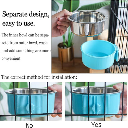 kathson Crate Dog Bowl, Removable Stainless Steel Hanging Pet Cage Bowl Food & Water Feeder Coop Cup for Cat, Puppy, Birds, Rats, Guinea Pigs 4pcs(2×Blue,1×Pink,1×Green)