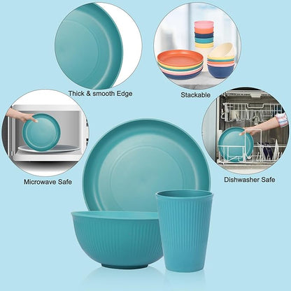 18pcs Wheat Straw Dinnerware Sets, Unbreakable dish Set Reusable Plates, Bowls, and Cups Set dishes Dishwasher Microwave Safe for Kitchen Outdoor Travel Camping (Light Macron)