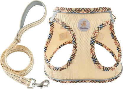 Hipubby Dog Harness Small Sized and Leash Set, No Pull Soft Mesh Puppy Vest, Reflective Breathable Lightweight Pet Harness, Harness for Small Medium Dogs and Cats - Khaki/Tirm, S