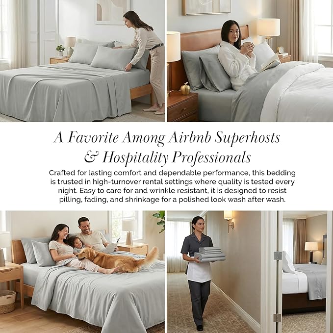 Southshore Fine Living, Inc. 4-Piece Twin XL Sheets Set Premium Bedding, 21-Inch Twin XL Sheets Deep Pockets, Deep Pocket Fitted Sheet, Grey Pillow Cases Standard Size Set of 2, Steel Grey Bedding