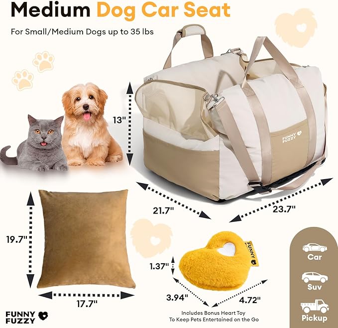FUNNY FUZZY Dog Car Seat Waterpoof for Small & Medium Dogs Up to 35lbs, Detachable & Washable Pet Booster Seat with Leash, Thick Cushion, Storage Pockets & Adjustable Straps (Beige)