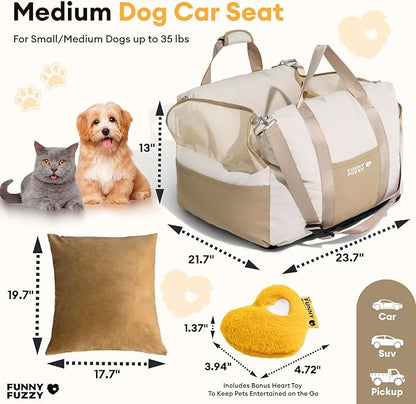 FUNNY FUZZY Dog Car Seat Waterpoof for Small & Medium Dogs Up to 35lbs, Detachable & Washable Pet Booster Seat with Leash, Thick Cushion, Storage Pockets & Adjustable Straps (Beige)