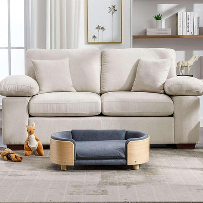 Velvet Dog Bed Pet Sofa with Solid Wood Legs and Bent Wood Back, Stain-Resistant Cushion in Multiple Colors - Luxury Pet Furniture for Cats and Dogs, Dark Grey