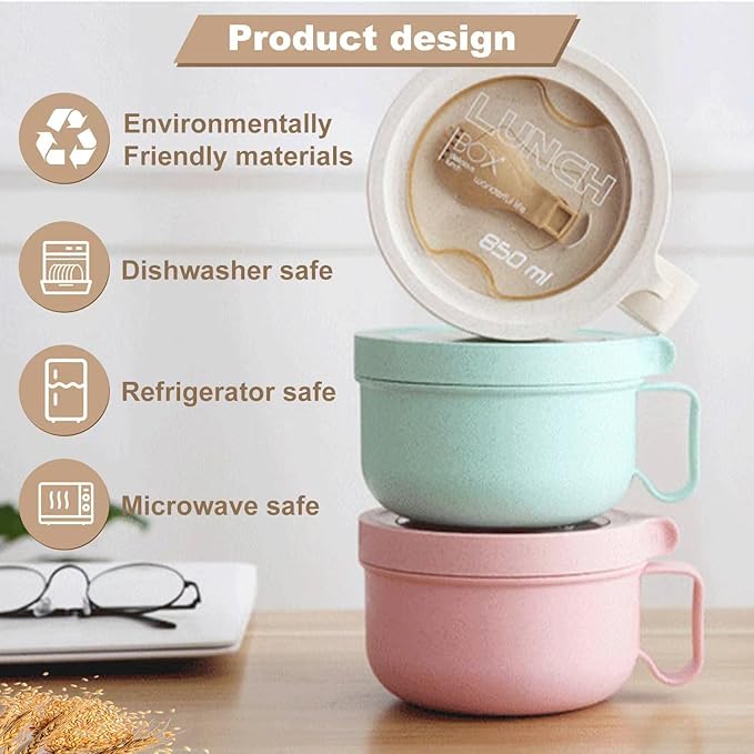 Rarapop 28.7oz Microwave Soup Bowl Containers with Lids, Wheat Straw Ramen Noodles Cup Mug for Instant Noodles,Oatmeal, Gumbo, Salad,Crunch,Cereal & More - Easy-Grip Design, Beige