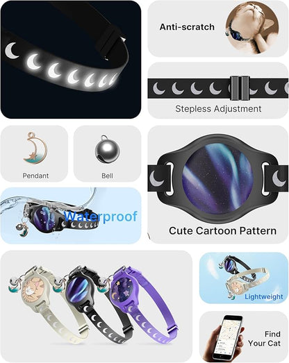 Cat Collar with Airtag Holder, Breakaway Airtag Cat Collar for Apple Air Tag with Luminous & Reflective Pattern, Waterproof GPS Cat Tracker Collars for Boy Girl Cats Kittens with Bell, Black (8-12")