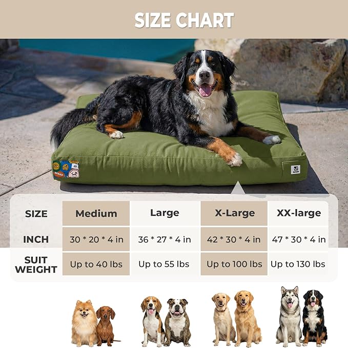 Sytopia 42 Inch Waterproof Indestructible Canvas Outdoor Dog Bed for Extra Large Dogs, Chew Proof Dog Crate Bed with Washable Removable Cover, Indoor Outdoor Patio Pet Pad, Green