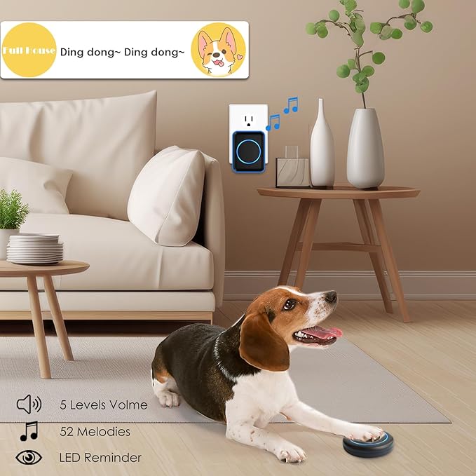Full House Dog Doorbell for Potty Training, Wireless Pet Doggie Door Bell Training to Go Outside, Waterproof Touch Button, Over 1000 feet Range (Black, 2 Buttons + 3 Receivers)