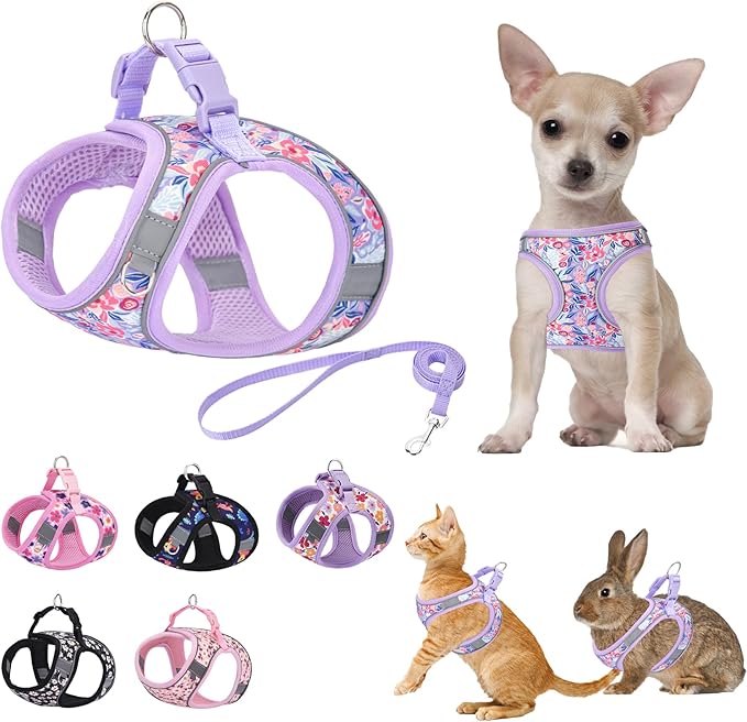 Small Dog Harness Purple Flowers No Pull Reflective Step in Vest Harness Mesh Padded Soft Harness for Small Medium Dogs Cats