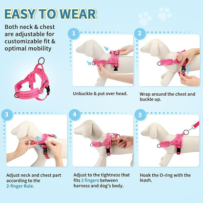 Lukovee No Pull Dog Harness and Leash Set, Soft Padded Small Dog Harness, Neck & Chest Adjustable Reflective Vest Puppy Harness with 4ft Lightweight Anti-Twist Dog Leash for Small Dogs (Pink, Medium)