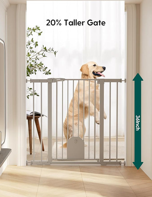 Babelio 36" Tall Auto Close Baby Gate with Cat Door,29-43" Metal Gate for Doorway,Stairs,House,Easy Walk Thru with pet Door,Includes 4 Wall Cups and 3 Extension Pieces,Gray