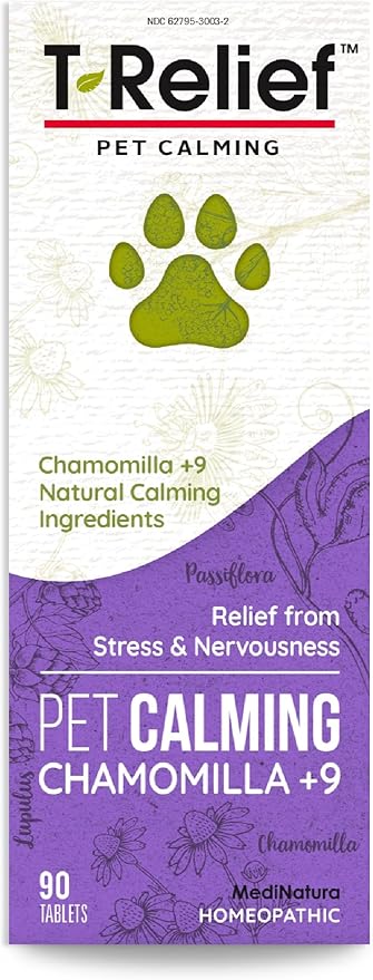 T-Relief Pet Calming for Dog & Cat Natural Comfort Remedy for Nervousness & Stress with Chamomile + 9 Soothing Actives Relaxing Herbal Relief - 90 Tablets