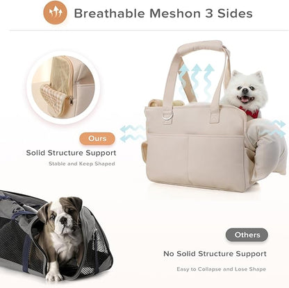 JourCraf Dog Purse Carrier for Small Dogs & Puppies Up 12 Lbs, Soft Cotton Tote Pet Shoulder Bag with Pockets, Foldable & Washable Breathable Puppy Carrier for Yorkie, Chihuahua & Cats - Beige