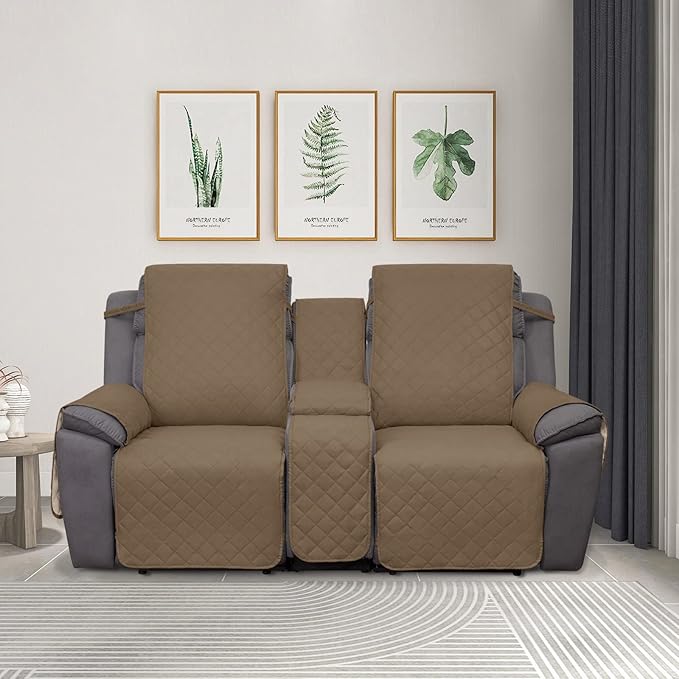 PureFit Water Resistant Reversible Loveseat Recliner Couch Cover for Double Recliner with Console – Non Slip Split Sofa Cover, Washable Reclining Cover for 2 Seat Recliner (2 Seat, Camel/Ivory)