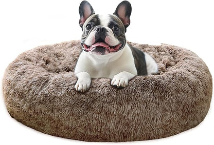 JOLLYVOGUE Calming Dog Bed Medium Size Dog, 31in Donut Washable Medium Pet Bed, Anti-Slip & Anti-Anxiety Fluffy Faux Fur Round Dogs Bed, Fits up to 45 lbs Pets (Smoke Brown)