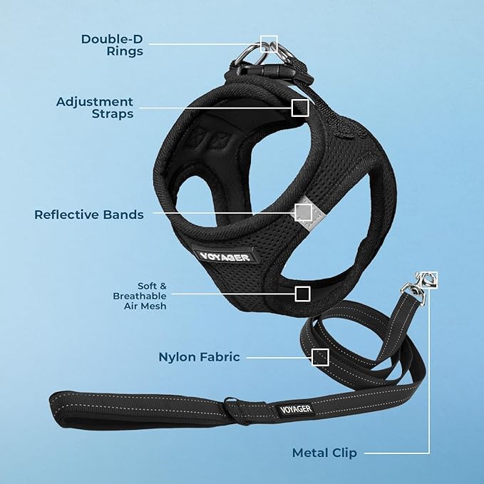 Best Pet Supplies Voyager Step-in Air All Weather Mesh Harness and Reflective Dog 5ft Leash Combo with Neoprene Handle, for Small, Medium and Large Breed Puppies - Set (Black), XX-Small