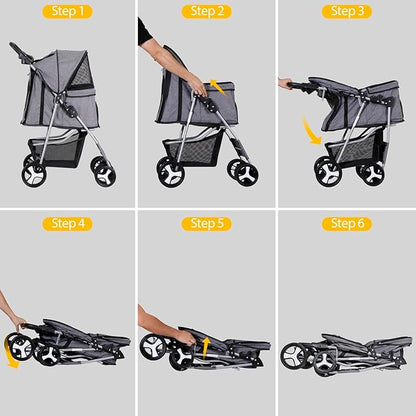 Pet Stroller 4 Wheels Dog Cat Stroller for Small Medium Dog Cats Carrier Jogger Travel Foldable Puppy with Storage Basket and Cup Holder (Grey)