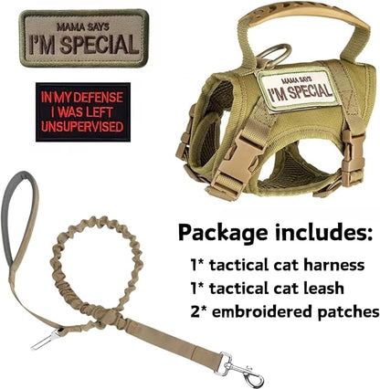 Tactical Cat Harness and Leash Set for Walking Escape Proof Adjustable Large Cat Vest Harness with Patches Soft Mesh Padding Rubber Handle Easy to Control (Khaki Harness & Leash)
