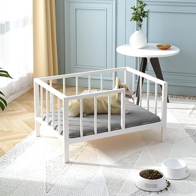 OSCHF Dog Bed with Rails - Elevated Pet Metal Bed Frame with Solid Wood Board and Washable Soft Mat for Small Dog Indoor or Outdoor Use, 21.3" x 30 ", White