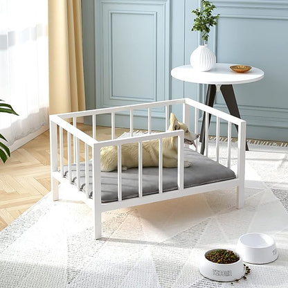 OSCHF Dog Bed with Rails - Elevated Pet Metal Bed Frame with Solid Wood Board and Washable Soft Mat for Small Dog Indoor or Outdoor Use, 21.3" x 30 ", White