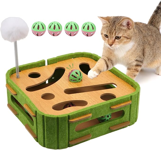 Hypeety Interactive Cat Scratch Puzzle Box Wooden Enrichment Toy Intelligence Treat Kitten Maze Puzzle Toy with Jingle Balls and Wands Mental Stimulation Games for Bored Indoor Cats