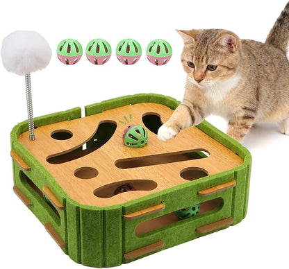 Hypeety Interactive Cat Scratch Puzzle Box Wooden Enrichment Toy Intelligence Treat Kitten Maze Puzzle Toy with Jingle Balls and Wands Mental Stimulation Games for Bored Indoor Cats